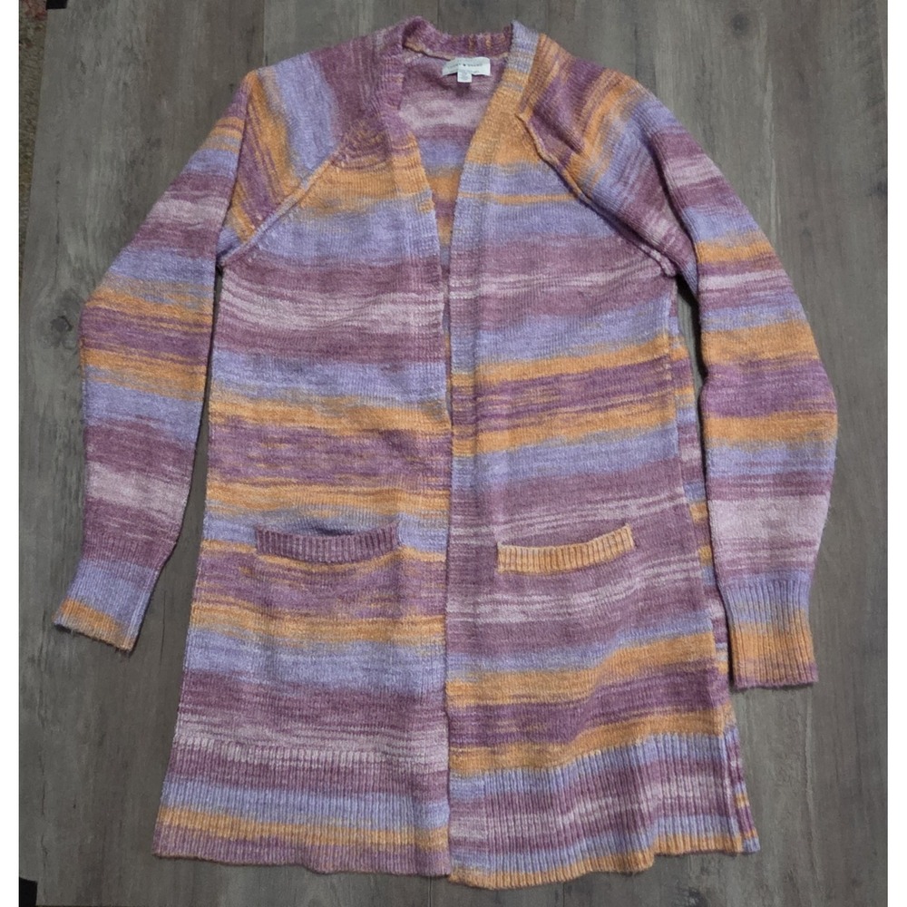 Lucky Brand Open Cardigan Duster Sweater Space Dye Stripe Pink Purple Women Sz S